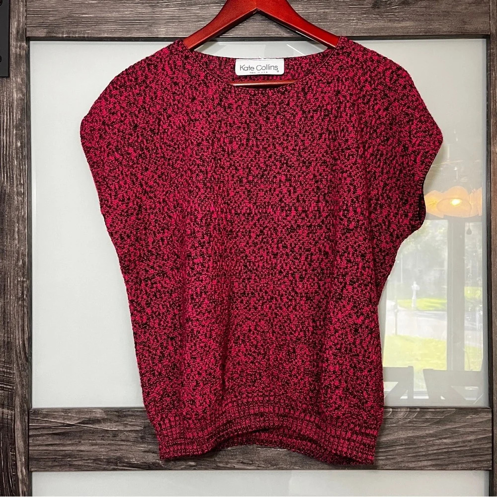 Vintage 80’s Kate Collins Dolman Sweater Marbled Hot Pink & Black Cap Sleeve
